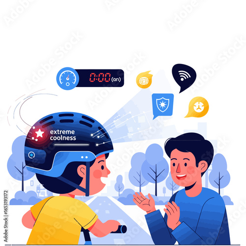 IoT-enabled bike helmet illustration showing a child wearing a smart helmet with a parent, displaying features like speed and safety alerts