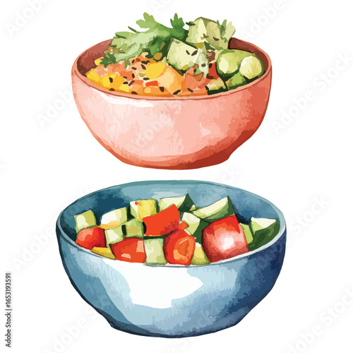 Vibrant Watercolor Bowls of Colorful Vegetable Salads