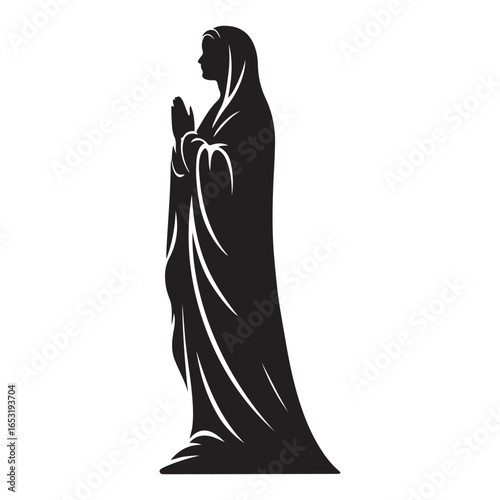 Virgin mary silhouette religious statue faith. Vector black silhouette. with white background
