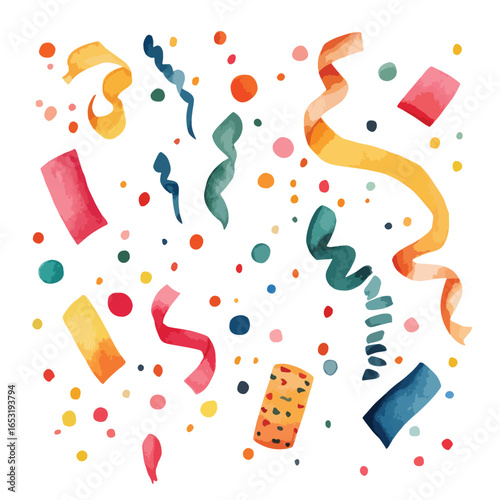 Vibrant Watercolor Confetti Celebration Abstract Shapes and Ribbons