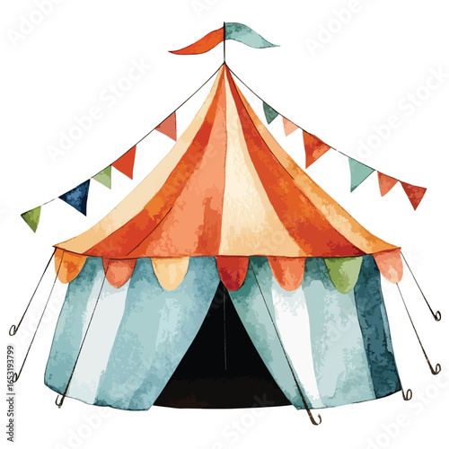 Vibrant Watercolor Circus Tent with Festive Triangular Flags