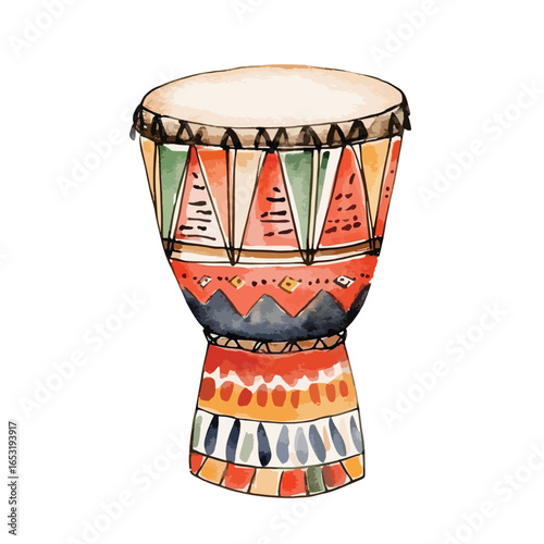 Vibrant Watercolor Djembe with Geometric Tribal Design (2)