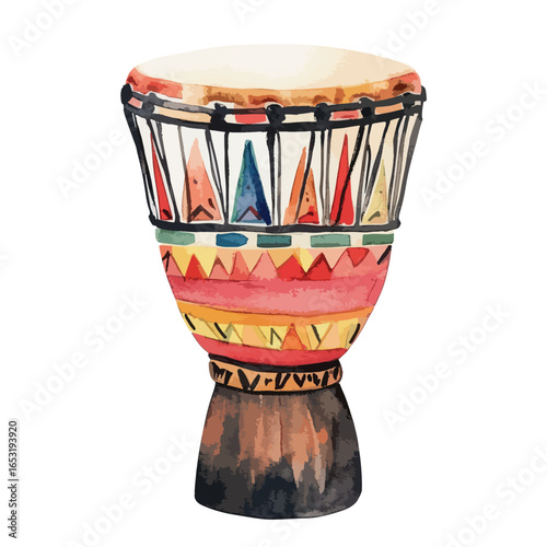 Vibrant Watercolor Djembe with Geometric Tribal Design (1)