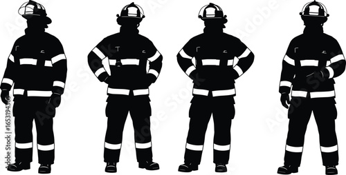Firefighter Silhouette Set—Four Protective Gear Figures with Helmets and Reflective Stripes for Safety, Emergency, and Heroic Design Themes