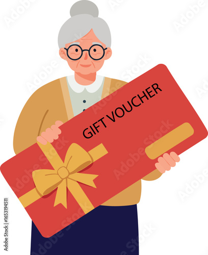 Elderly woman holding large red gift voucher with golden bow vector illustration 