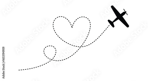 Vector illustration of airplane flying in a heart shape path, symbolizing love and travel, isolated on white background