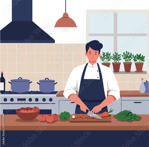 Chef cooking fresh vegetables in modern kitchen with pots and plants vector illustration 