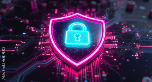 A glowing shield emblem is the focal point on a futuristic circuit board. The shield has a vibrant pink neon outline and contains a bright cyan padlock icon.