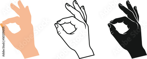 Three depictions of a hand giving the ok sign in different styles