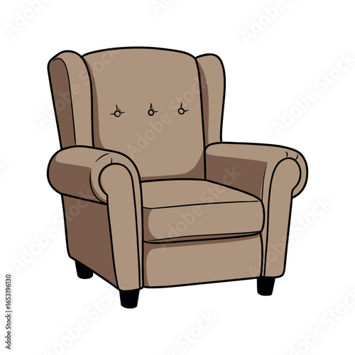 Cozy brown armchair with rolled arms and button detail. Vector illustration