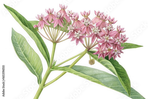 Detailed watercolor painting of pink milkweed flowers with green leaves isolated on transparent background