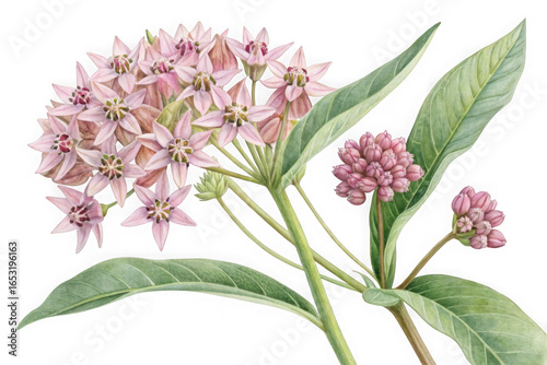 Beautifully detailed watercolor painting of a pink milkweed flower cluster on transparent background isolated on transparent background