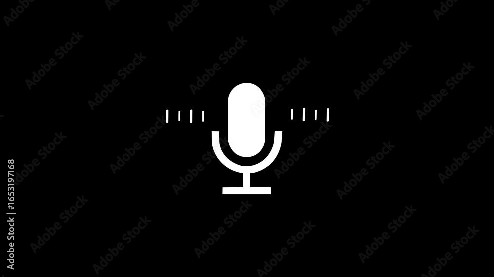 White color microphone Voice recording podcast mic microphone button icon. audio microphone icon animation. Audio microphone icon looping animation. Audio microphone icon animation. Black background
