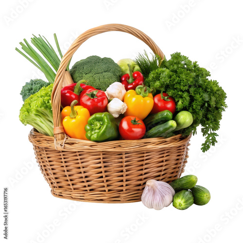 Fresh organic vegetables in basket isolated on transparent background