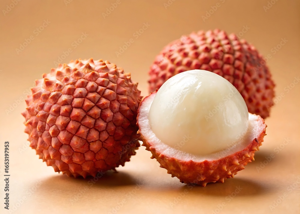 Whole Lychee with Slice on Soft Cream Flat Background Whole Lychee with Slice on Soft Cream Flat Background