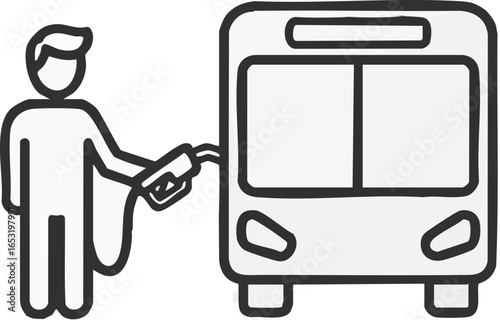 Modern vector illustration depicting a person using a fuel pump to refuel a public transit bus, symbolizing energy for urban and commercial transportation.