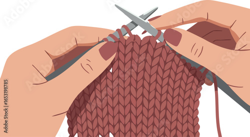 Hands Knitting Red Yarn with Needles Close Up Crafting Hobby Vector Illustration 
