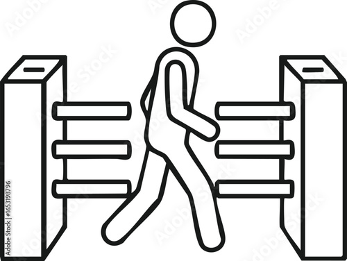 Person walking through a gate or turnstile, representing entry or security check.