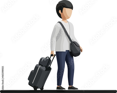 Vector illustration of a young male traveler with a rolling suitcase and shoulder bag, ready for a journey or vacation on an isolated white background