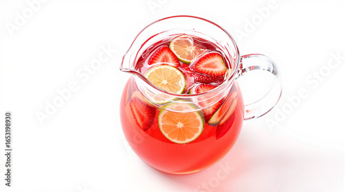 Glass Pitcher of Refreshing Fruit Infused Water with Fresh Strawberries and Citrus Slices for Summer Party Beverage Concept
