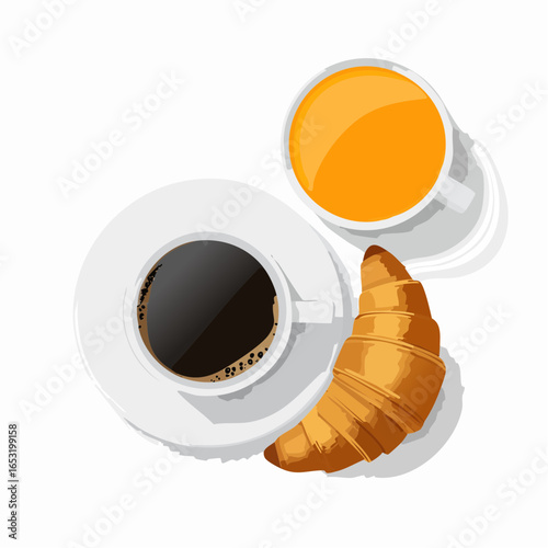 Une tasse de café, un croissant et un verre de jus d'orange, vue du dessus, fond blanc