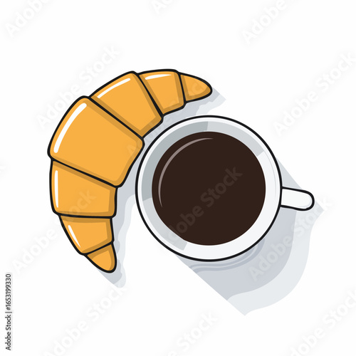 Une tasse de café et un croissant vu du dessus, petit déjeuner, fond blanc