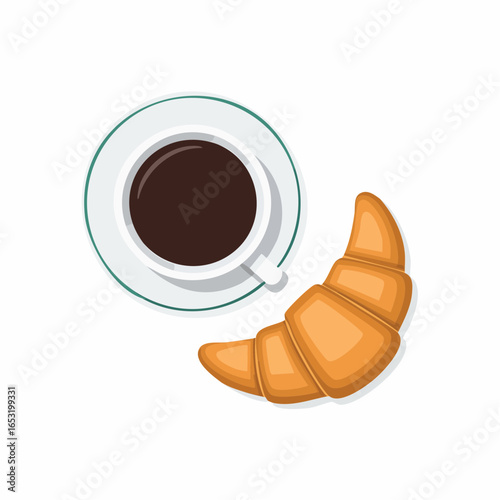 Une tasse de café et un croissant vu du dessus, petit déjeuner, fond blanc