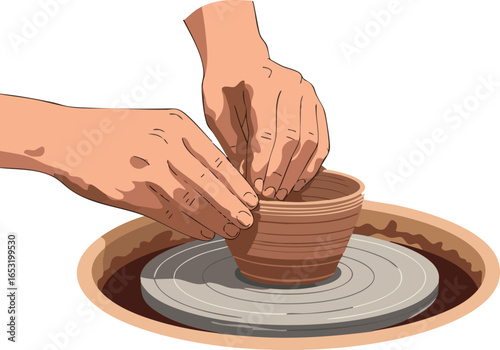 Hands shaping clay pot on pottery wheel vector illustration art craft hobby scene 