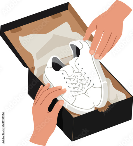 White sneakers being unboxed from black cardboard shoe box vector illustration 