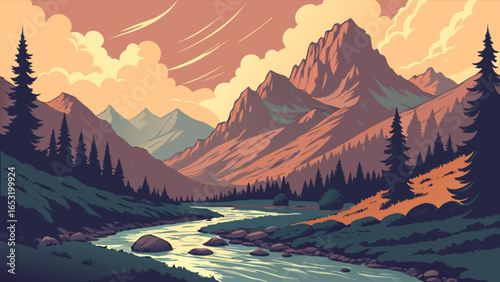 Mountain landscape scenic view drawing with river and pine trees vector illustration design nature art