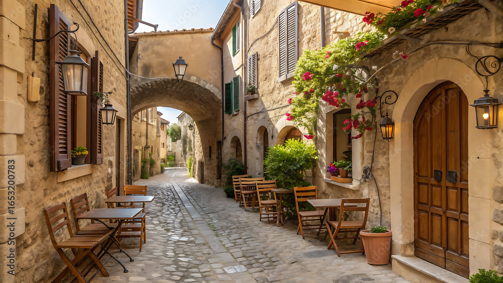 Fototapeta premium Alleyway in a rustic European village, lined with stone buildings.