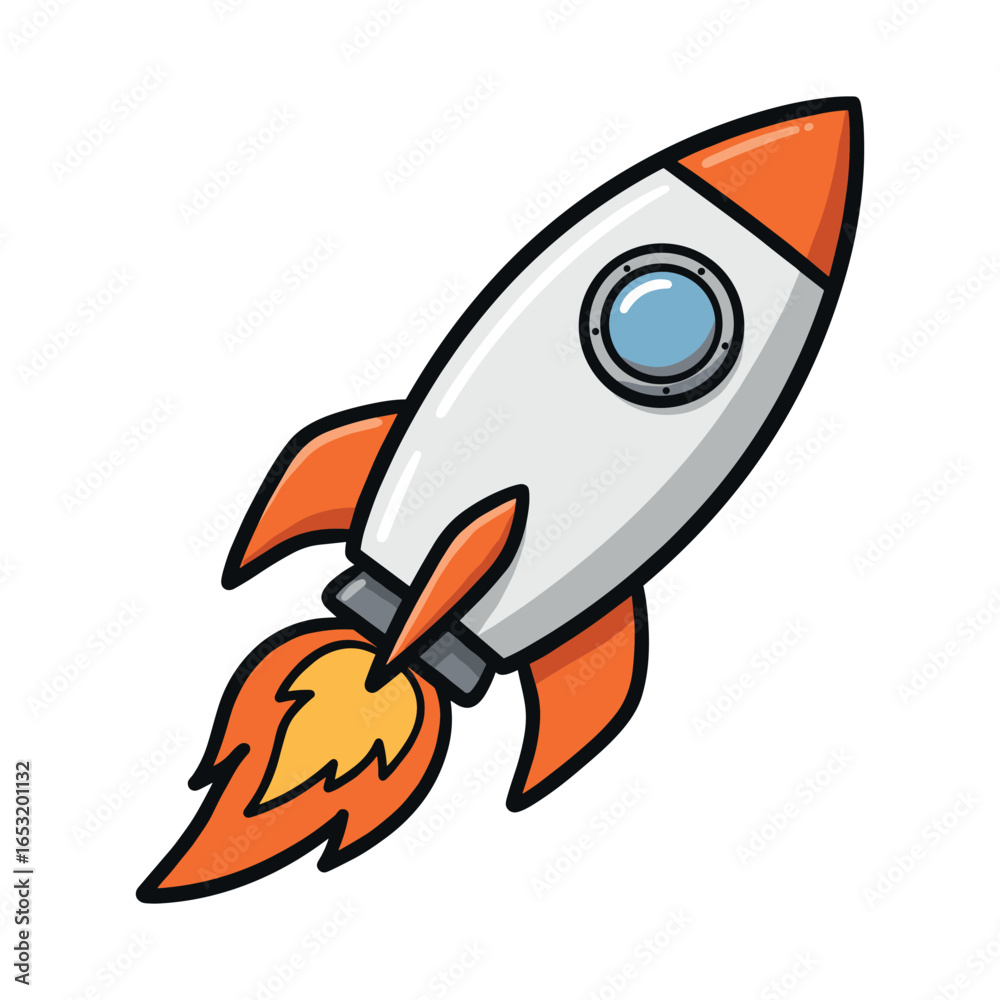 Obraz premium Colorful cartoon rocket with flames and porthole in space-inspired design. Vector illustration