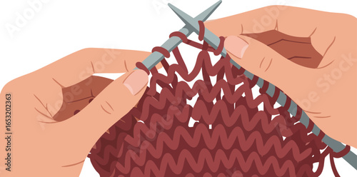 Hands knitting maroon yarn with needles close up vector illustration craft hobby activity 