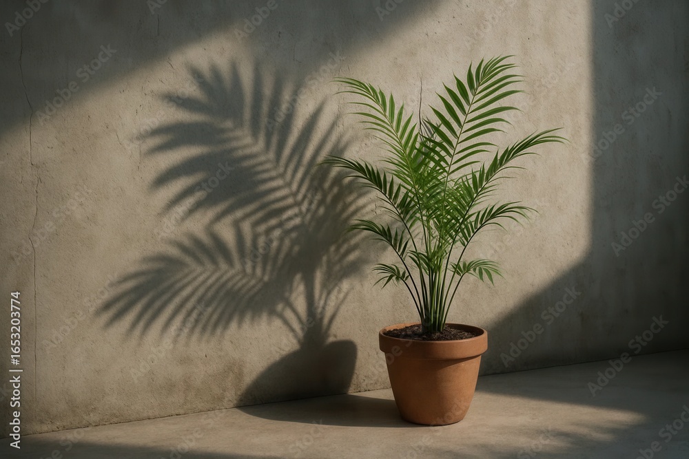 Fototapeta premium A Palms Plant Basking in Morning Sunlight on a Textured Concrete Wall
