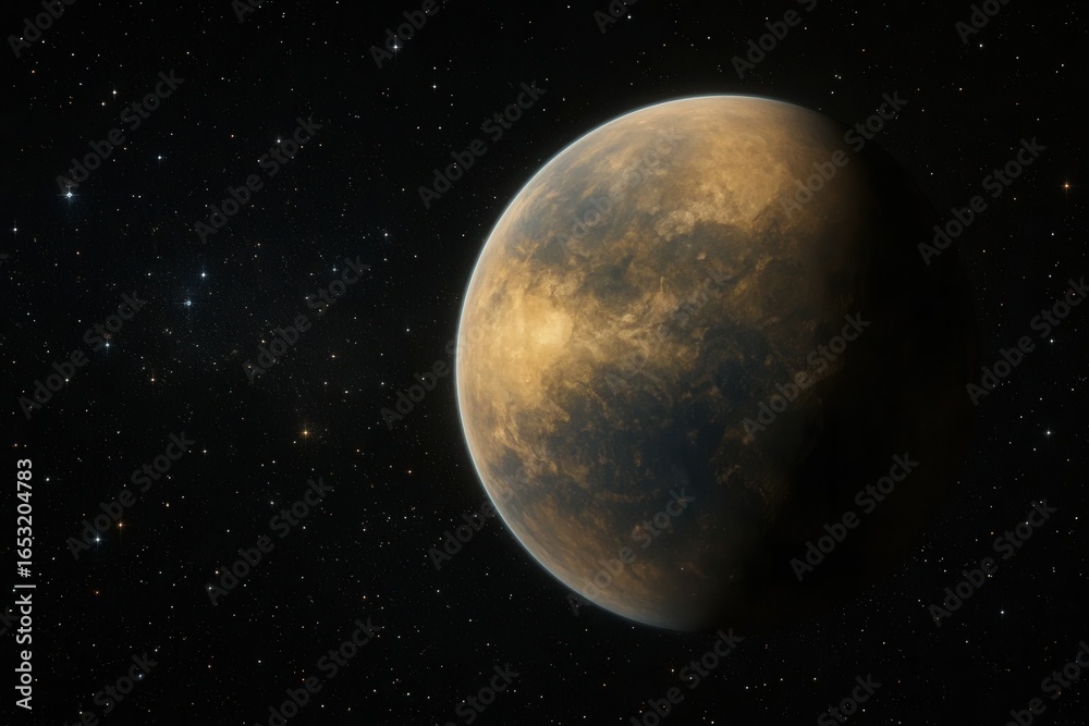 Obraz premium An isolated planet with a captivating blend of orange and brown hues, set against the vast expanse of space dotted with stars