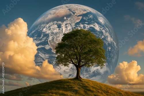 A Lone Tree Stands Against a Cosmic Canvas of Earth and Moon
