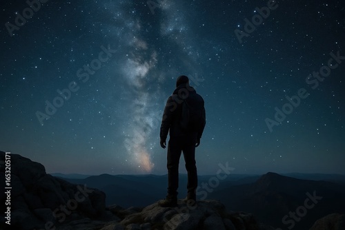 A lone explorer stands atop a mountain, gazing into the boundless expanse of the cosmos, illuminated by the soft glow of distant stars