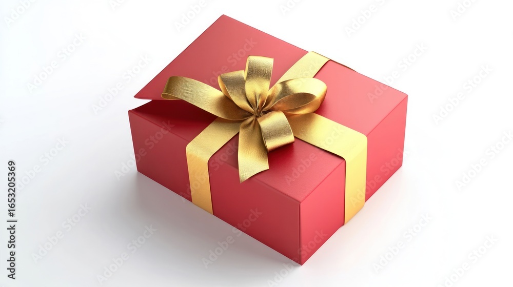 Obraz premium Red gift box with a gold ribbon, open on a white background, representing surprise and celebration.