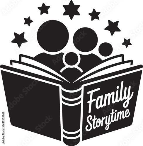 Family Storytime Book Icon with Stars, Reading Together, Education, and Learning Concept