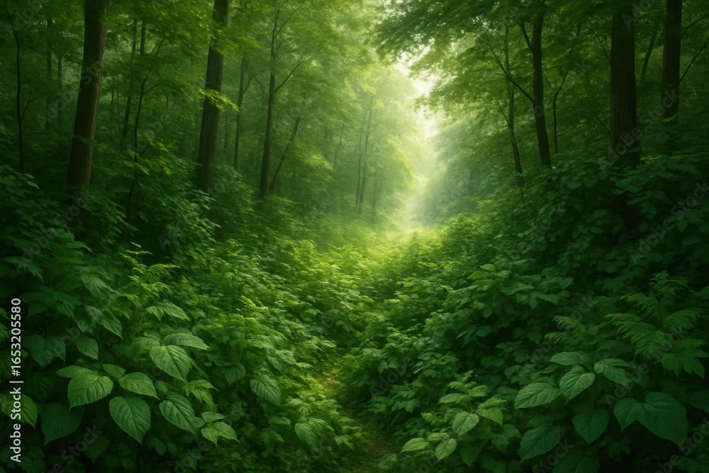 Obraz premium A Serene Forest Pathway in the Dawn of Day