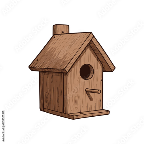 Wooden birdhouse with perch and entry hole in rustic design. Vector illustration