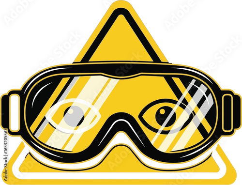 Yellow hazard sign with goggles and eyes reflecting in the lenses on a black background art