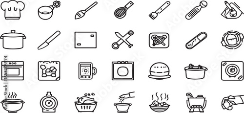 Cooking and kitchen utensil line icon collection. Features cookware and food prep essentials such as saucepan, whisk, mixing bowl, knife, chopping board, mixer, spoon, fork, and various kitchen applia