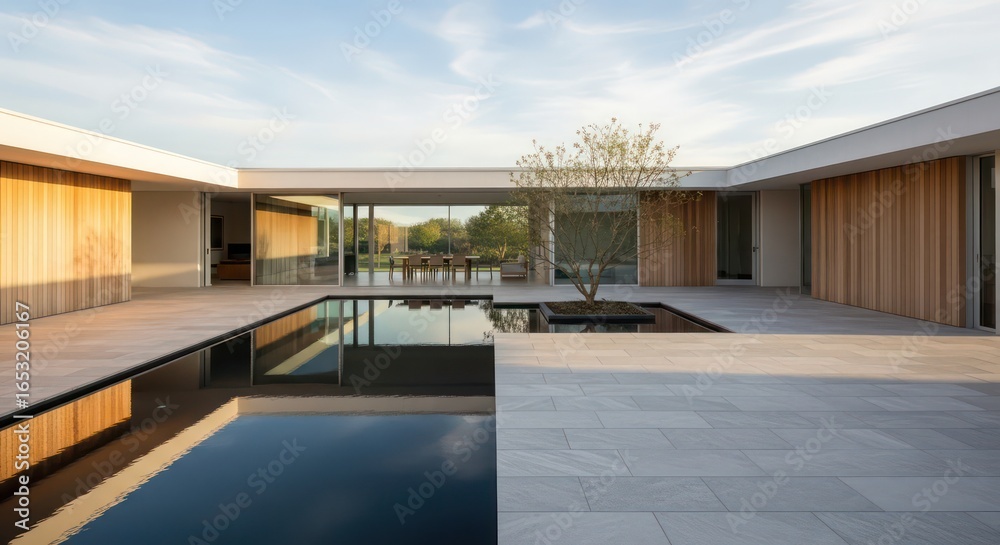 Fototapeta premium Modern Courtyard Design with Reflecting Pool and Minimalist Architecture