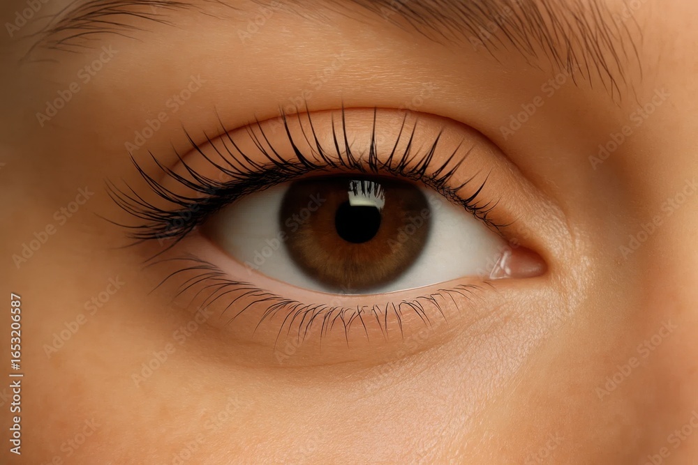 Close-up of a human eye with meticulously defined eyelashes, showcasing the beauty of natural detail Close-up of a human eye with meticulously defined eyelashes, showcasing the beauty of natural detail