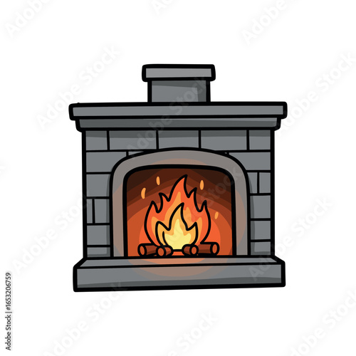 Cozy fireplace with stone mantel and bright flames for a warm ambiance. Vector illustration