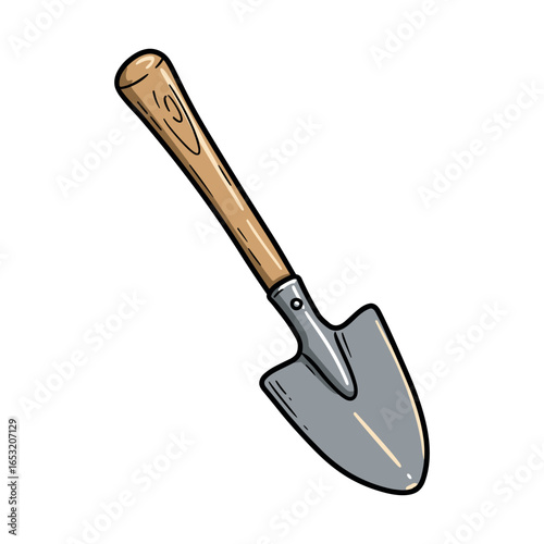 Handheld gardening trowel with wooden handle and steel blade on white background. Vector illustration