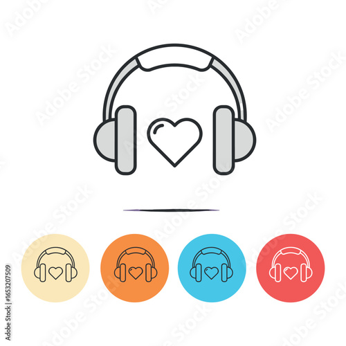Music headphones with heart icon design in four distinctive color variations. Vector illustration