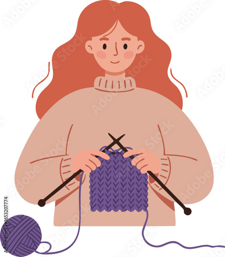 Woman knitting purple wool sweater with knitting needles vector illustration 