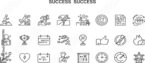 Motivation line icon collection. Thin linear vector illustrations featuring personal growth, goal setting, success, achievement, rocket launch, teamwork, passion, and thumbs up symbols.